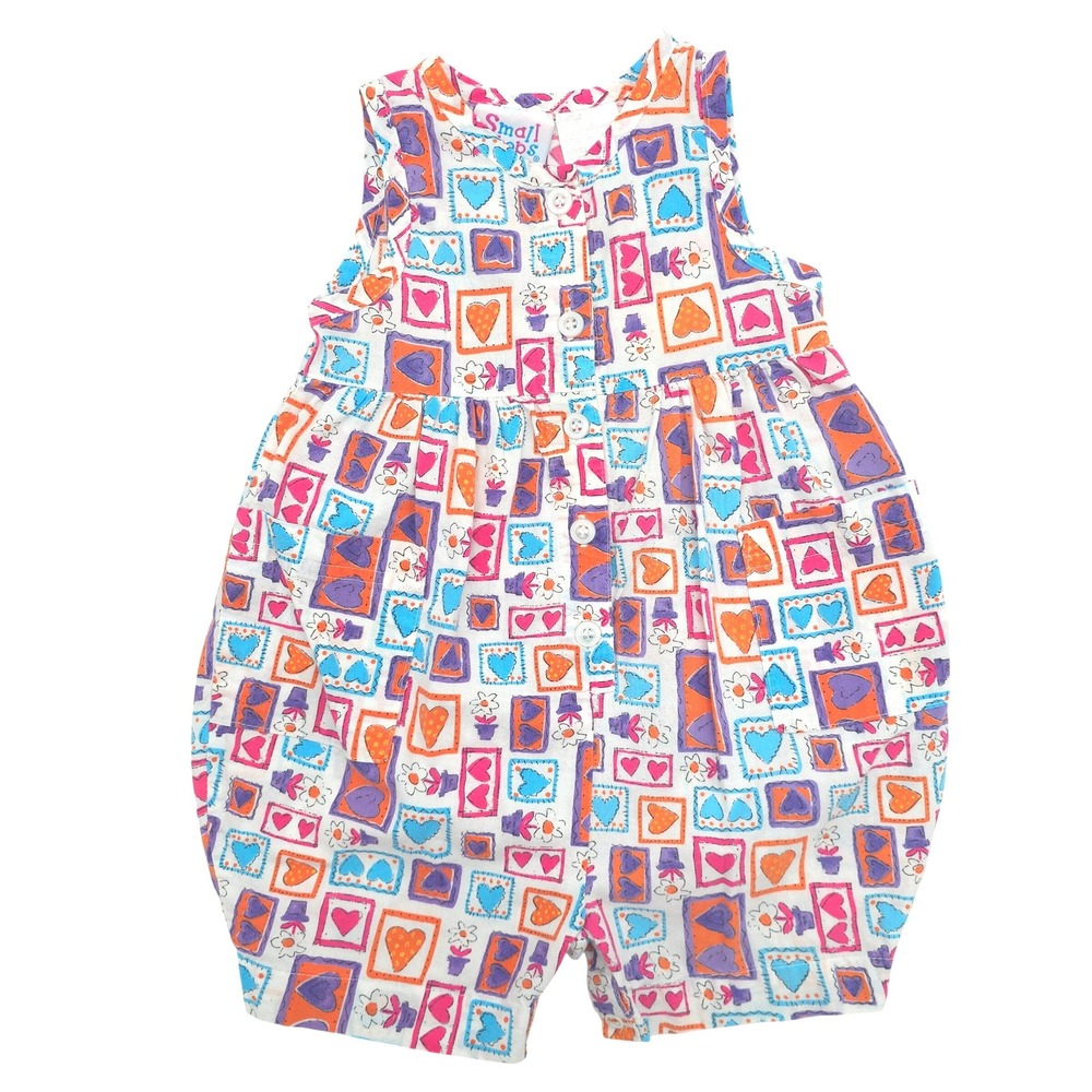 Small Steps Bubble Romper Girls Heart Floral Box Print Vintage 90s Size 18M